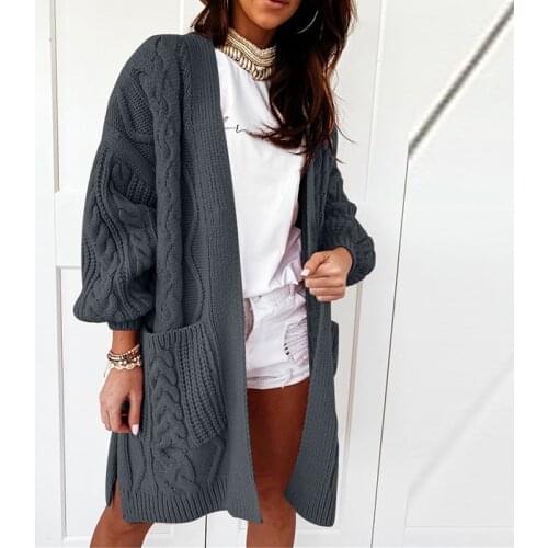 2021 Pocket Long Cardigan Woman Casual Solid Sheep Wool Knit Sweater Outwear Autumn Winter Plain Long Sleeve Elastic Cardigan