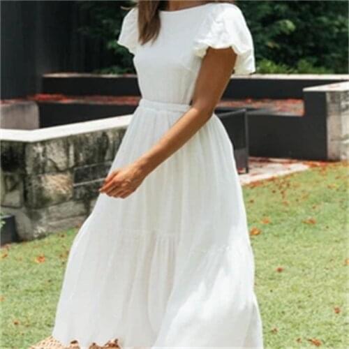 XQJ Women 2021 Fashion Sexy Backless Dress Vintage Short Sleeve Waist Beach Female Dresses Vestidos