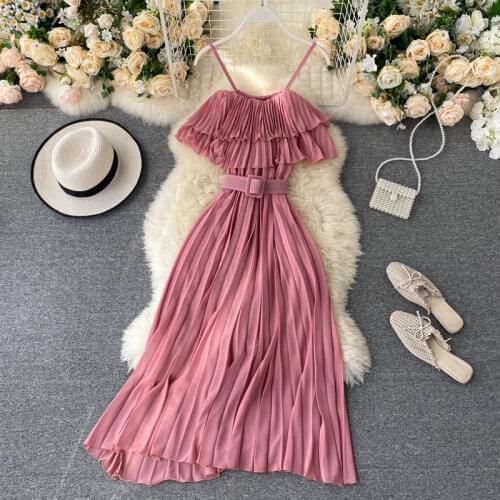 Women 2020 New Summer Dress Sweet Pleated Ruffled Strapless Sleeveless High Waist Slim Holiday Vestidos N133