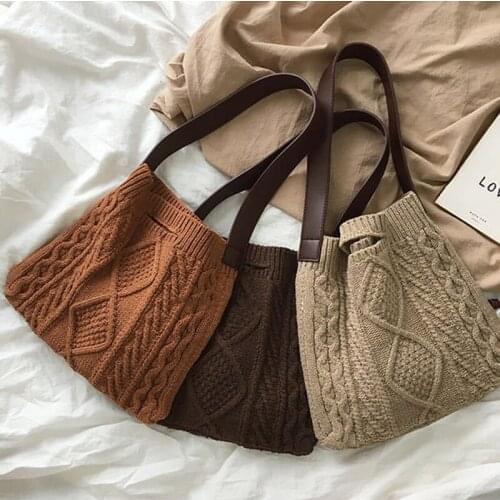 Winter Korean Fashion Women Woolen Knitted Braid Criss Cross Handbag Teenager Crochet Retro Chic Big Capacity Over Shoulder Bag