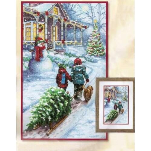14CT/11CT/18CT SKY BLUE Counted Cross Stitch Kit Christmas Tradition Snow Trail Snowman Two Kids and a Dog dim 70-08960 8960