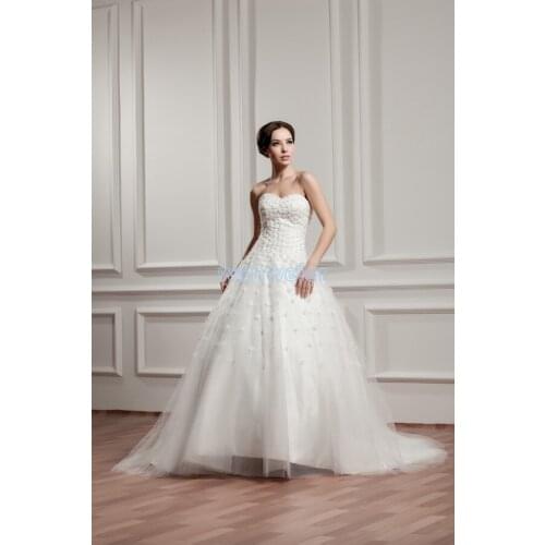 Free shipping 2016 design hot sale good quality small train handmade flowers custom size/color ball gown white wedding dresses