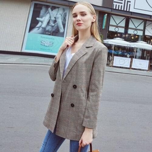Vintage Double Breasted Office Ladies Plaid Blazer Long Sleeve Loose Houndstooth Suit Coat Jacket Women blazers Female
