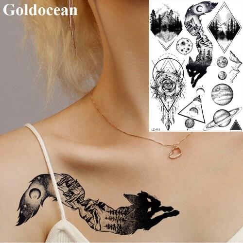 GoldOcean 3D Black Dreamcatcher Fox Peak Tattoos Stickers Body Chest Arm Fake Tatoos Temporary Triangle Planet Waterproof Tattoo
