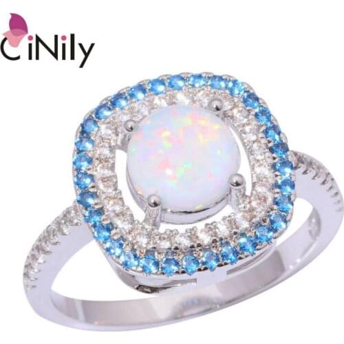 CiNily Created White Fire Opal Blue Zircon Cubic Zirconia Silver Plated Rings Wholesale for Women Jewelry Ring Size 5-12 OJ8560