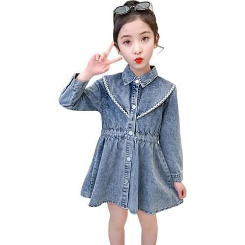 Girl Denim Dresses Solid Color Dresses For Girl Spring Autumn Children Dress Casual Style Costume Girl 6 8 10 12 14