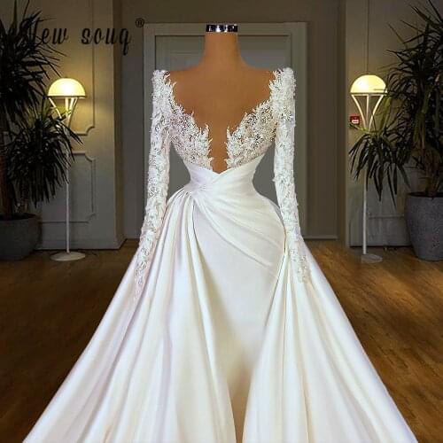 Elegant Deep V Neck Lace Long Sleeve Wedding Dress Islamic Turkish Kaftans Custom made Plus Size Dress Vestido De Novia