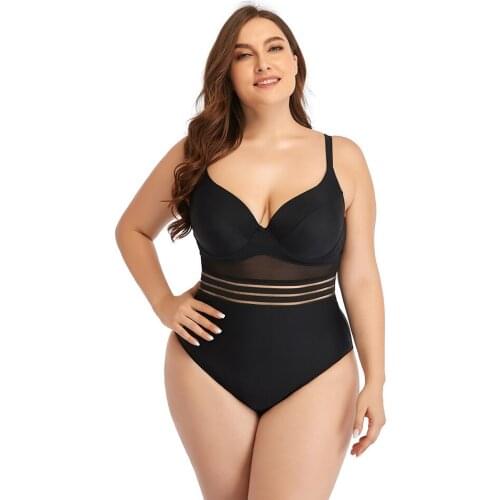 2021 European and American Large Size Swimsuit Women One-Body with Fat Mesh Hollow Solid Color Bikini Beach Hot Springs Swimsuit