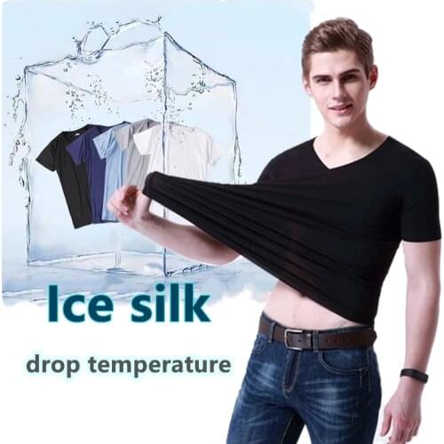 Summer mens traceless ice silk short sleeve T-shirt slim casual breathable V-neck half sleeve top bottom shirt