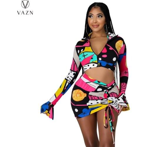 VAZN 2021 Hot Dress Set Drawstring Style Autumn Overalls Full Sleeve Cloth Mini Skirts 1 Piece Underwer Skinny Women 3 Piece Set
