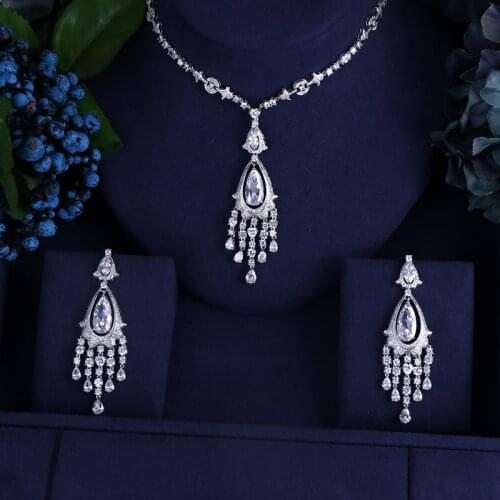 Luxury brilliant cubic zirconia Clear zirconia flower and cirrus fashion style wedding bridal earring necklace jewelry set