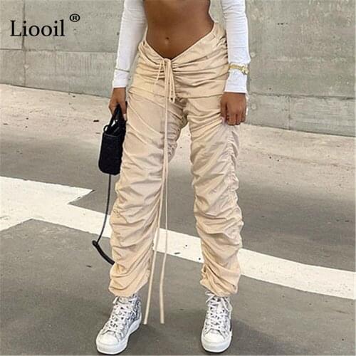 Liooil Sexy Drawstring Stacked Leggings Pants Women High Waisted Slack Autumn 2021 Streetwear Khaki Trousers Pleated Long Pants