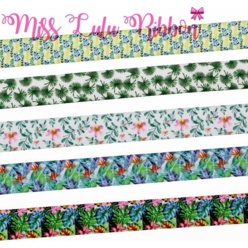 5/8"16mm Green Series Flower Leaves Printed Elastic Ribbon DIY Party Gift Decor Hair Bowknots Making 50yards/roll