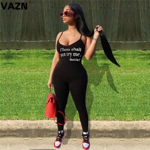 VAZN Sexy high street 2020 summer sexy lady black skinny jumpsuit spaghetti strap letters springy jumpsuit lady popular rompers