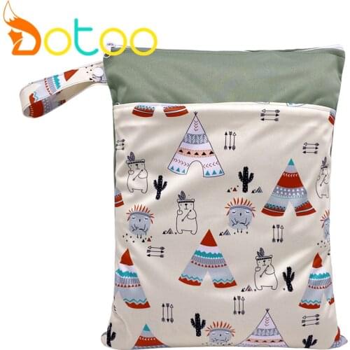 Dotoo 1PC Reusable Water Resistant Printed PUL Wet Dry Diaper Bag Double Pocket Cloth Handle Wet bags For baby