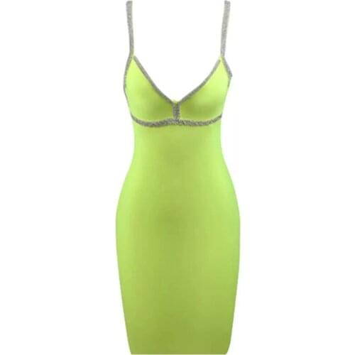 2021 Summer New Style Womens Spaghetti Strap Crystal Diamond Bodycon Bandage Dress Sexy V-neck Mini Elegant Club Party Dresses
