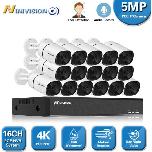 NINIVISION H.265 5MP Audio Record POE Security Camera System 4K 8CH 16CH Security NVR With 16pcs 5MP CCTV Bullet Cameras