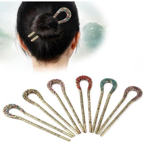 Antique Bronze Plated Hairpins U Shape Hair Sticks Retro Hair Jewelry Women Rhinestone Flower Hair Accessories