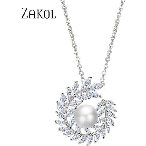 ZAKOL Elegant Cubic Zirconia Simulation Pearl Leaf Sweet Pendant for Women Wedding Dinner Party Birthday Gift Jewelry FSNP2128