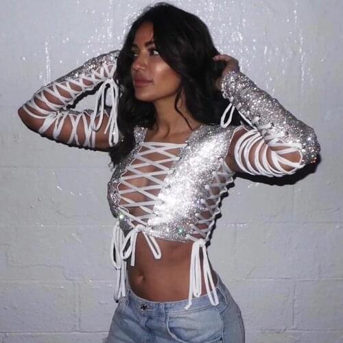 Crystal Diamonds Hollow Out T Shirt Fashion Criss Cross Bandage Long Sleeve Crop Tops 2020 Hot Selling Night Party Women Tshirt