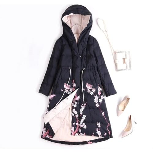 Women newest hooded long printed duck down jacket female fashion loose warm coat lady national style winter waistband clothes