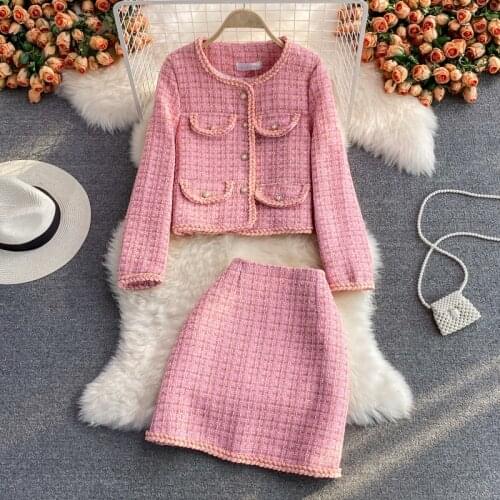 Fashion Autumn and Winter New Gold Thread Plaid Tweed Ensemble Femme Pink Short Jacket + Mini Skirt Two Piece Set Women Clothes