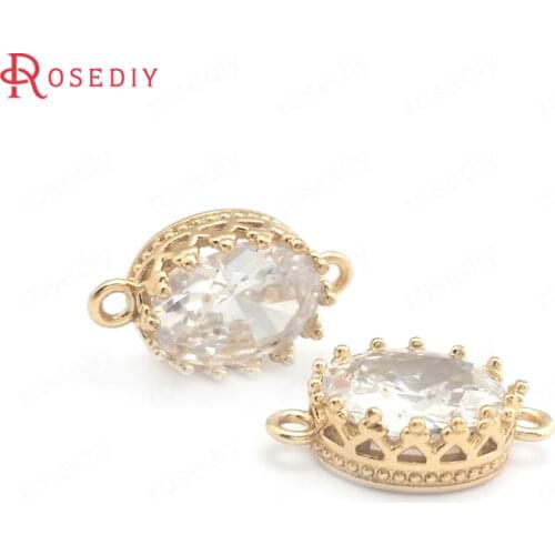 39873)6PCS 8x10MM 24K Champagne Gold Color Brass and Zircon 2 Holes Oval Shape Connect Charms Pendants Jewelry Making Supplies