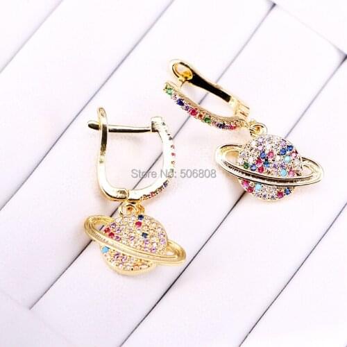 4 Pairs, Gold Color Earth Earring micro pave cz round rainbow cz earring