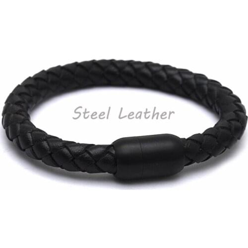 5pcs/lot engrave logo Genuine Braided Leather Bracelet Men Women Stainlesss Steel Clasp Male Bracelets Bangles Gift Jewelry