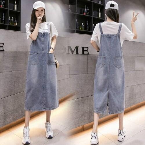 Plus Size 5XL Denim Overall Dress 2020 Summer New Korean Style Sleeveless Strap Zipper Solid Loose Casual Jeans Midi Sundress