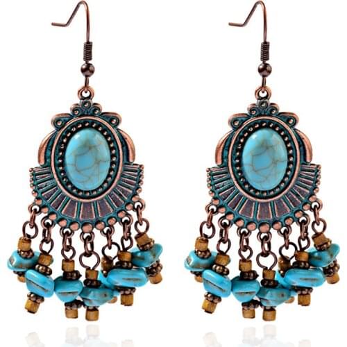 Ethnic Indian Alloy Blue Stone Beads Tassel Dangle Earrings For Women Gypsy Jhumka Jhumki Earring Statement Drop Earrings