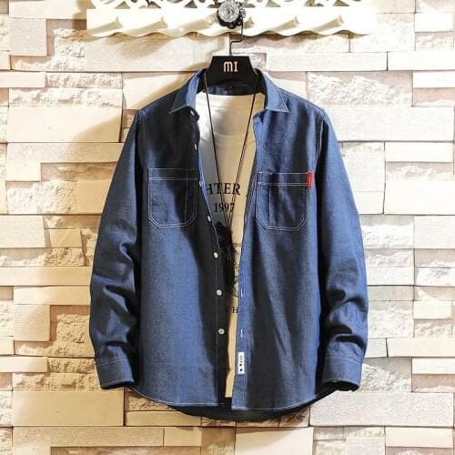 Harajuku Fashion Mens Plaid Shirts Long Sleeve Jean Shirts Male High Quality 2020 Japan Style Loose Streetwear Plus Size M-4XL