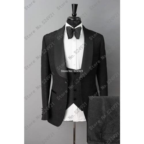 Men Suits Black Pattern Groom Tuxedos Shawl Satin Lapel Groomsmen Wedding Best Man ( Jacket+Pants+Vest+Bow Tie ) C693
