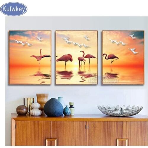 3D Diamond Cross Stitch Flamingo Full Square Diamond Sets,3pcs Decorative Diamond Painting Diamond Embroidery Sunset Landscape