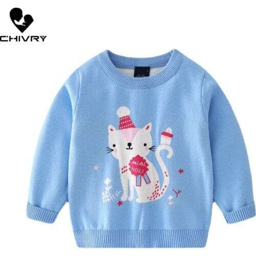 New 2021 Baby Girls Pullover Knitted Sweater Autumn Winter Kids Girls Cartoon Cat Jacquard O-neck Jumper Sweaters Tops Clothing