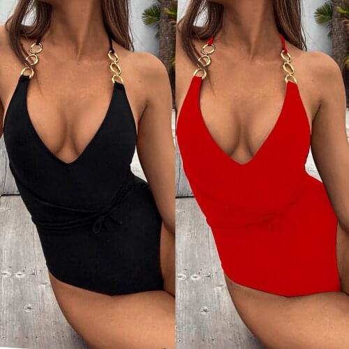 Sexy Chain Decoration V-Neck Cut Out One Piece Swimsuit Women String Bandage High Waisted Bathing Suit Monokini Swimwear Bathers