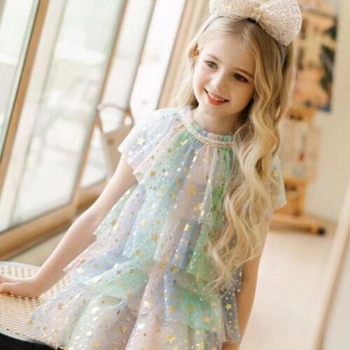 Cake Dress For Little Girls Summer Sequins Gown Mesh Birthday Wedding Party Clothes Rainbow FancyVestidos For 3-8 Years Girls