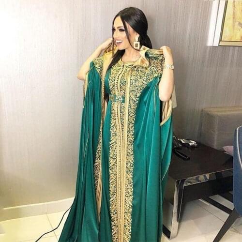Two Pieces Moroccan Caftan Satin Long Evening Dresses with cape gold Appliques Lace Muslim Prom Gowns Dubai Arabic Women Party