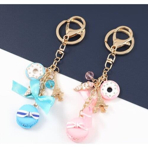 Crystal Pink Macaron Pendant Car Key Ring Cake Keychain For Women Alloy Holder Bag Purse Accessory Gold Hanging Girls Jewelry