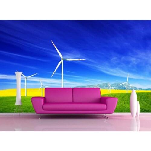Field grass landscape blue sky windmill Papel parede mural wallpaper TV backdrop mural wallpaper