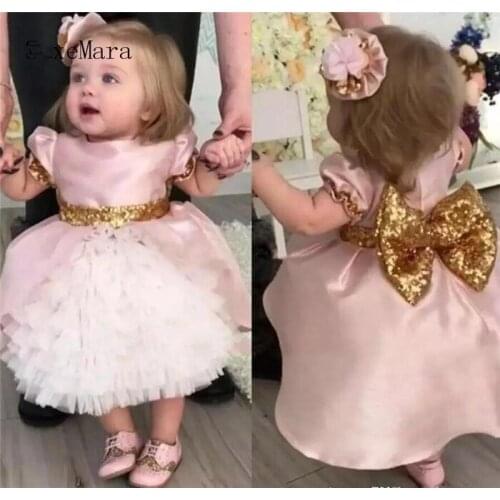 Pink Flower Girls Dresses Toddler Baby Clothes First Birthday Dresses With Gold Sequined Bow Party Birthday Gown Photoshoot