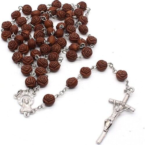 Handmade Rose Beads Catholic Religious Cross Pendant Necklace Wooden Rosary Jesus Women Men Gifts