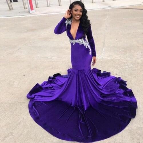 Sexy Purple Velvet Mermaid Evening Dresses Deep V Neck Full Sleeve Appliques Special Occasion Dress Long Africa Evening Gowns