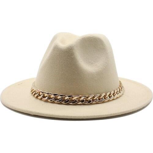 Fedoras Womenss Hat Panama Cap Jazz Hat Wide Brim Thick Gold Chain Band Classic Black Beige Felted Hat Top Solid Wool Blend Cap