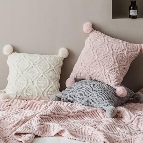 Knitted Cushion Cover With Soft Ball 45x45cm Solid Color Pillow Cover Chic Pillowcase For Sofa Bed Chair Home Decor Kussenhoes