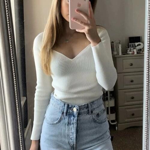 V neck knitted pullovers women long sleeve slim vintage autumn winter basic tops casual ribbed sweater 2020 female jumper