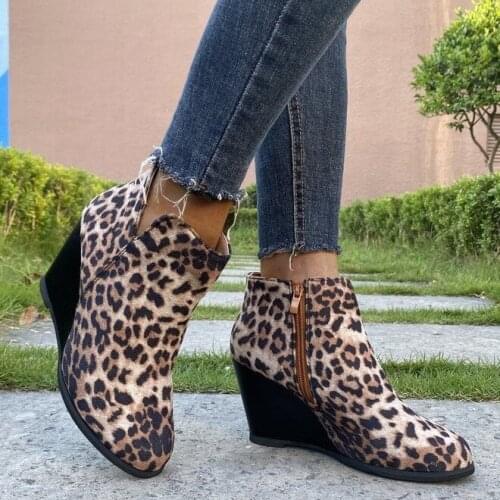 Women Leopard Ankle Boots Round Toe Booties Winter Footwear Platform High Heels Wedges Shoes Woman Bota Feminina