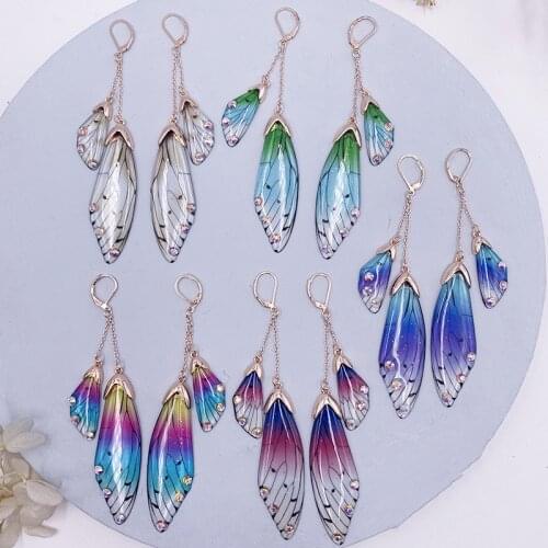 Fairy Resin Butterfly Earrings for Women Shining Crystal Flake Double Wing Long Drop Earrings Ladies Wedding Party Jewelry 2020
