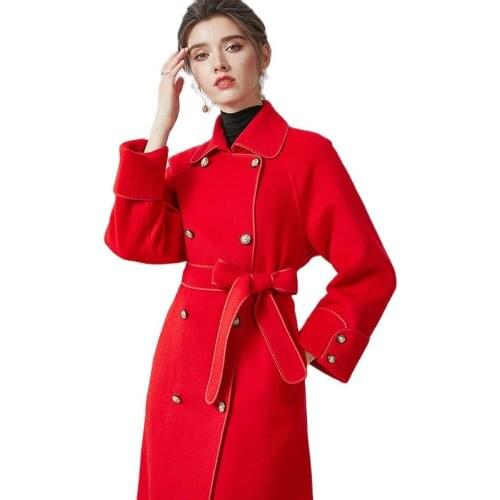 Wool Coat Womens Mid-Length Slim-Fit Cashmere Coat For Autumn Winter 2021 New Red Double-Breasted Lace-Up Collar Elegant Coat