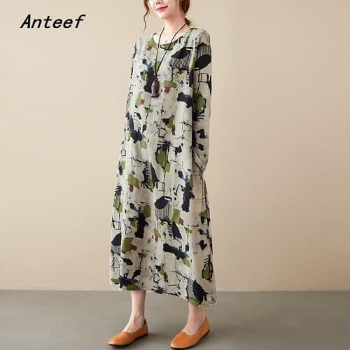 Long sleeve plus size cotton linen vintage floral dresses for women casual loose spring autumn dress elegant clothing 2021